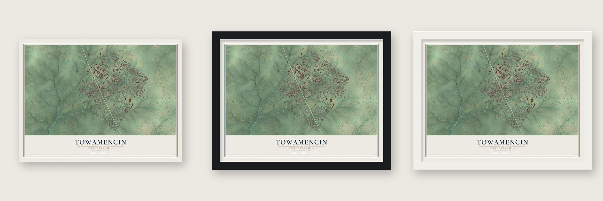 Towamencin, Pennsylvania map unframed, in a black wood frame and in a white wood frame