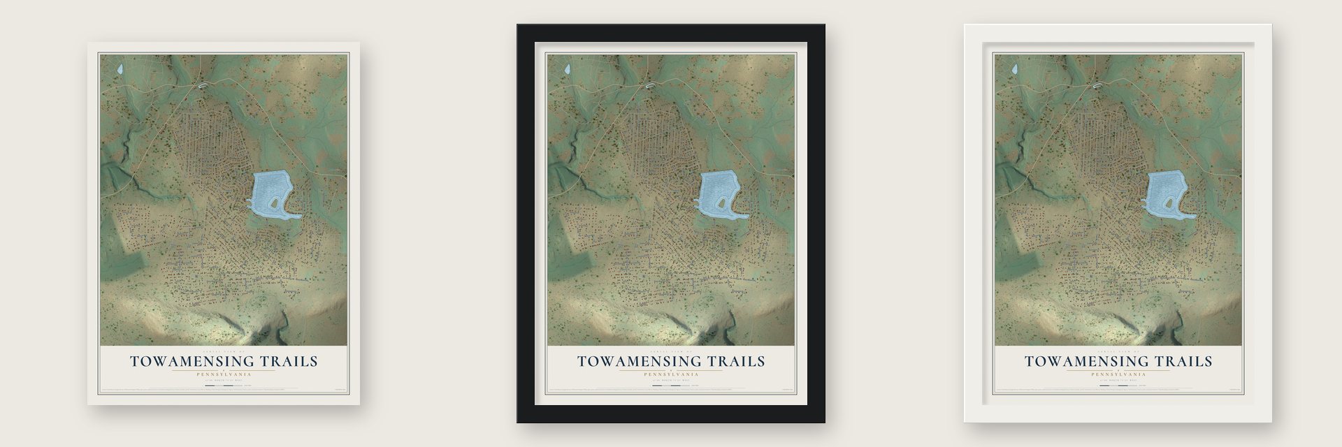 Towamensing Trails, Pennsylvania map unframed, in a black wood frame and in a white wood frame