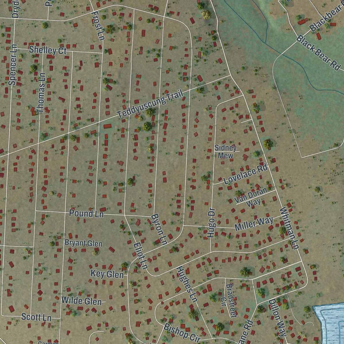 Second close-up of the map of Towamensing Trails, Pennsylvania print showing more streets and buildings