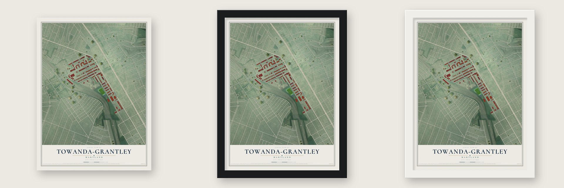 Towanda-Grantley, Maryland map unframed, in a black wood frame and in a white wood frame