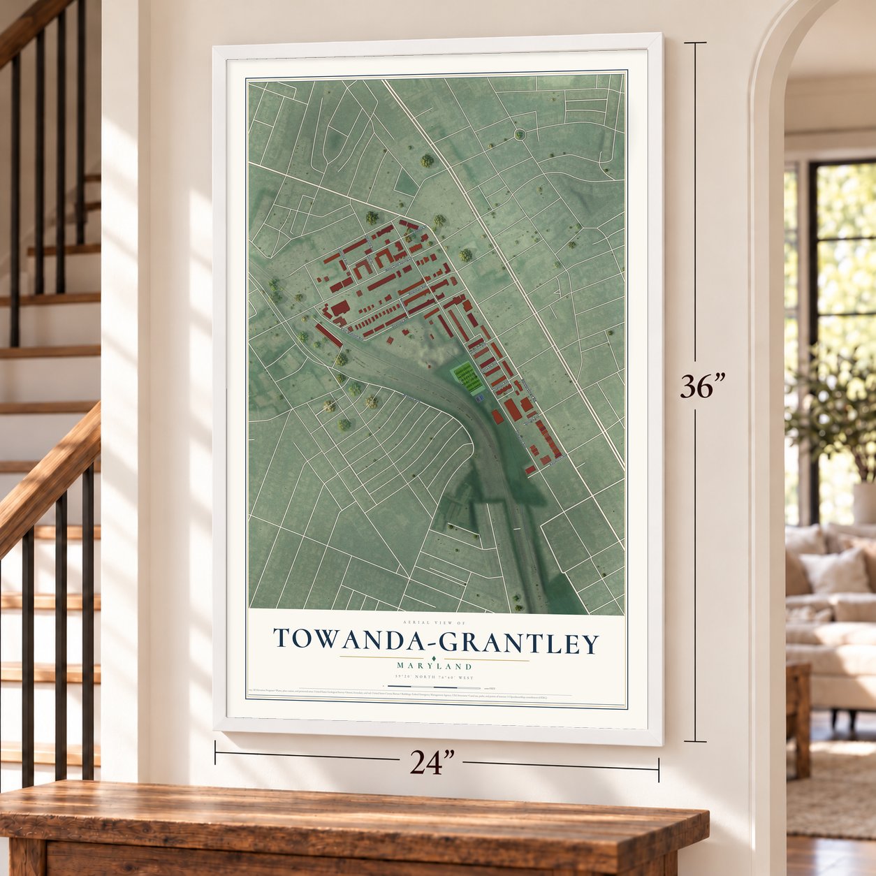 Towanda-Grantley, Maryland map, 24 x 36 inch print in a white frame by a staircase