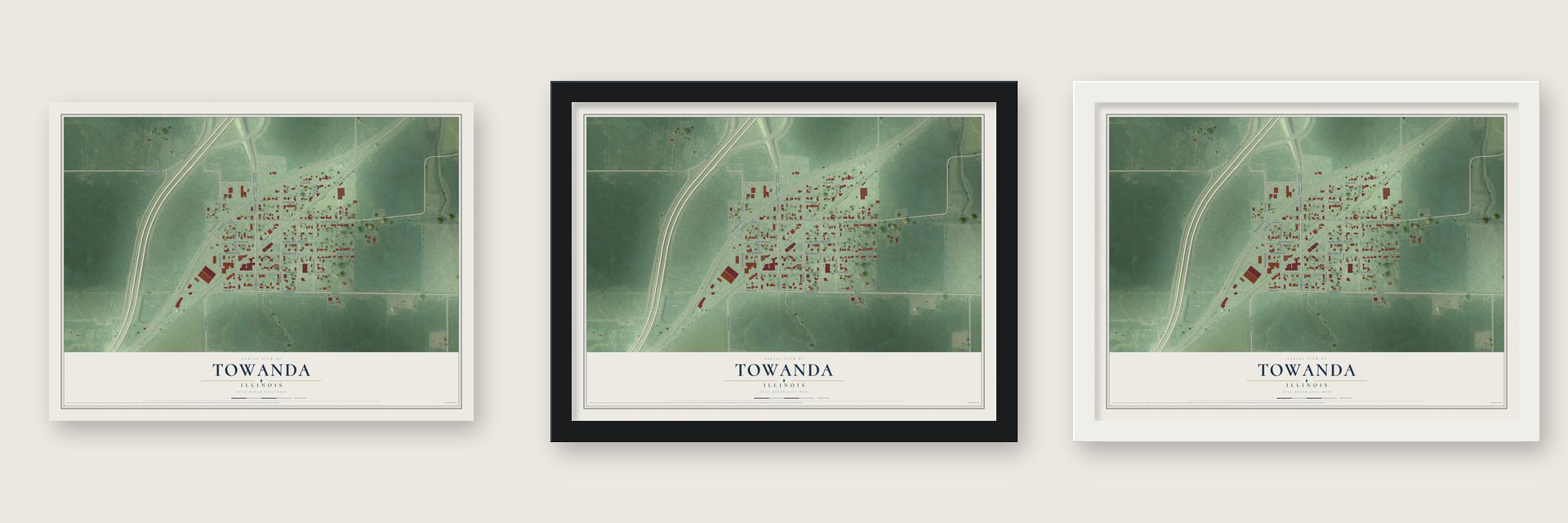 Towanda, Illinois map unframed, in a black wood frame and in a white wood frame