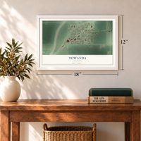 Towanda, Illinois map, 12 x 18 inch print in a white frame in an entryway