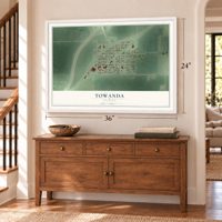 Towanda, Illinois map, 24 x 36 inch print in a white frame above a dresser by a staircase