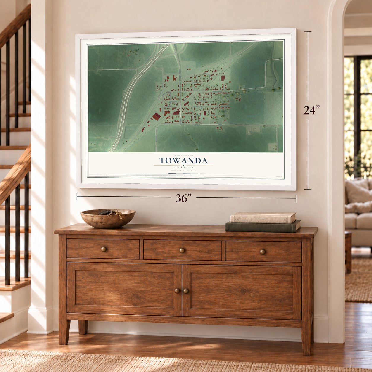 Towanda, Illinois map, 24 x 36 inch print in a white frame above a dresser by a staircase