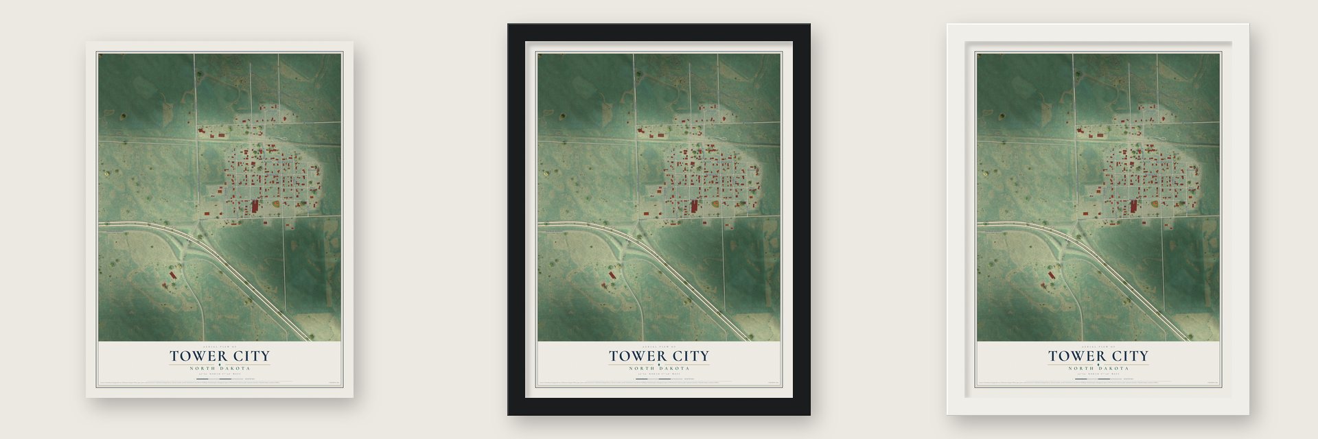 Tower City, North Dakota map unframed, in a black wood frame and in a white wood frame