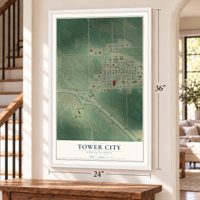 Tower City, North Dakota map, 24 x 36 inch print in a white frame by a staircase