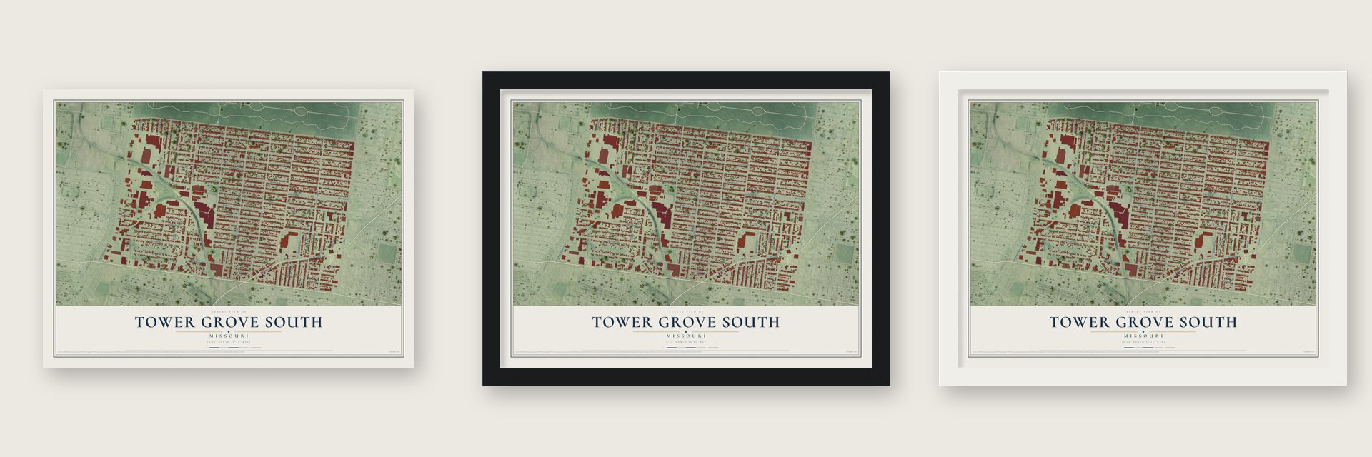 Tower Grove South, Missouri map unframed, in a black wood frame and in a white wood frame