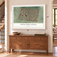 Tower Grove South, Missouri map, 24 x 36 inch print in a white frame above a dresser by a staircase
