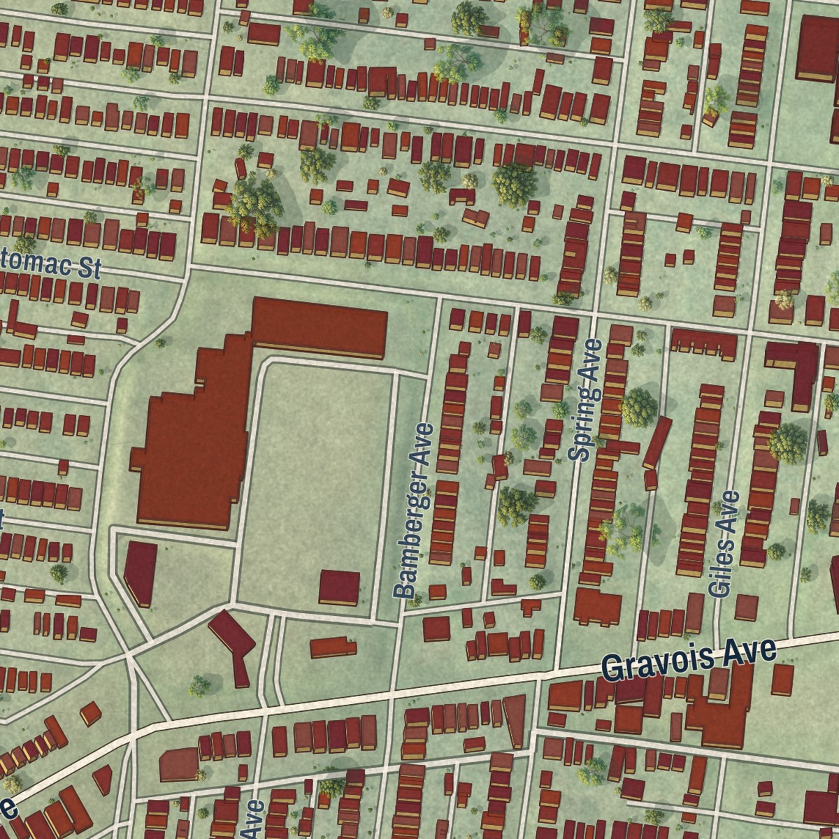 Second close-up of the map of Tower Grove South, Missouri print showing more streets and buildings