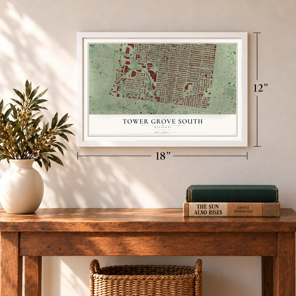 Tower Grove South, Missouri map, 12 x 18 inch print in a white frame in an entryway