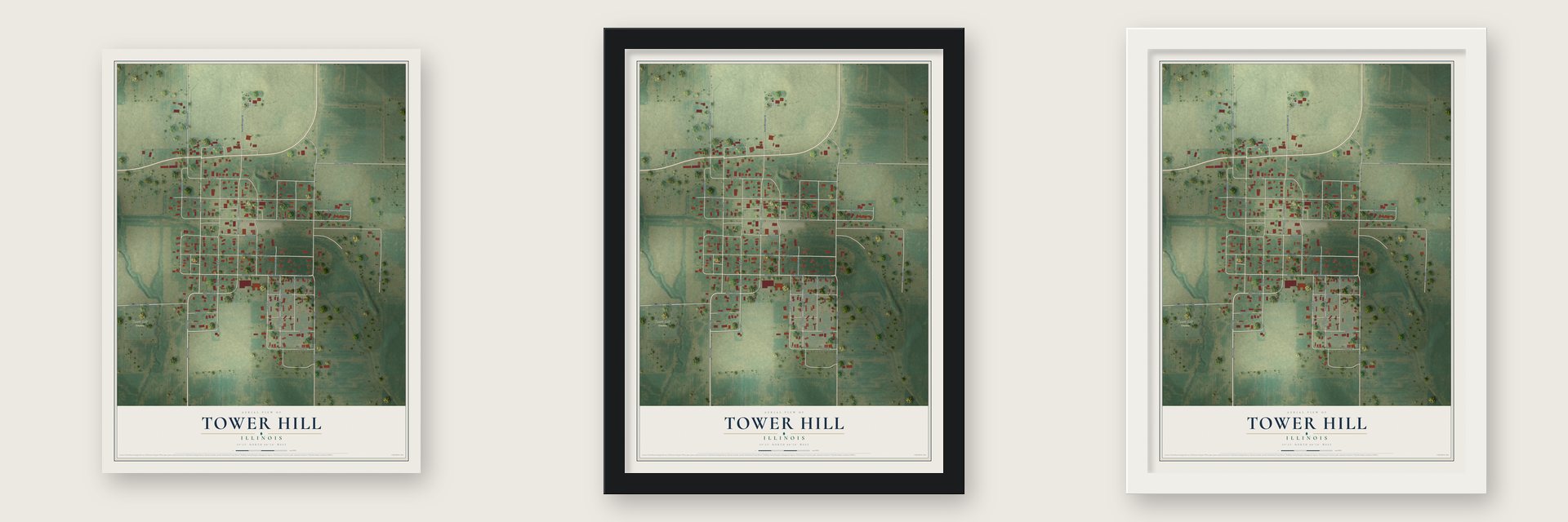 Tower Hill, Illinois map unframed, in a black wood frame and in a white wood frame