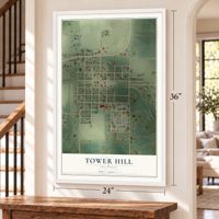 Tower Hill, Illinois map, 24 x 36 inch print in a white frame by a staircase