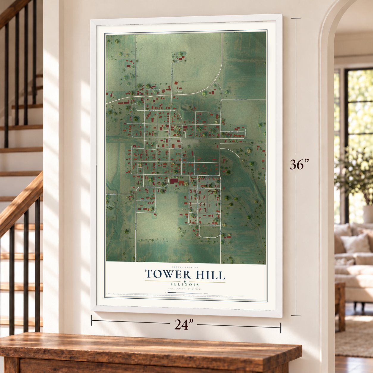 Tower Hill, Illinois map, 24 x 36 inch print in a white frame by a staircase