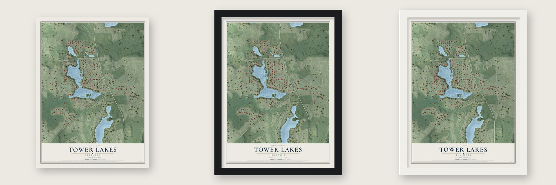 Tower Lakes, Illinois map unframed, in a black wood frame and in a white wood frame