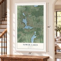 Tower Lakes, Illinois map, 24 x 36 inch print in a white frame by a staircase