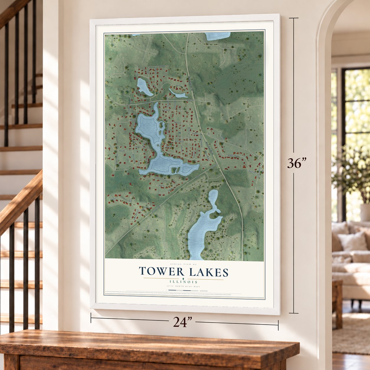 Tower Lakes, Illinois map, 24 x 36 inch print in a white frame by a staircase