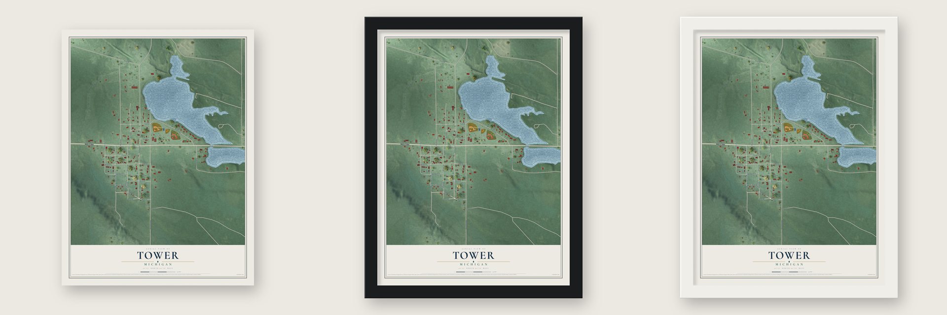 Tower, Michigan map unframed, in a black wood frame and in a white wood frame