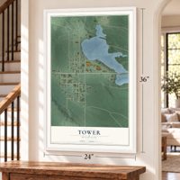 Tower, Michigan map, 24 x 36 inch print in a white frame by a staircase