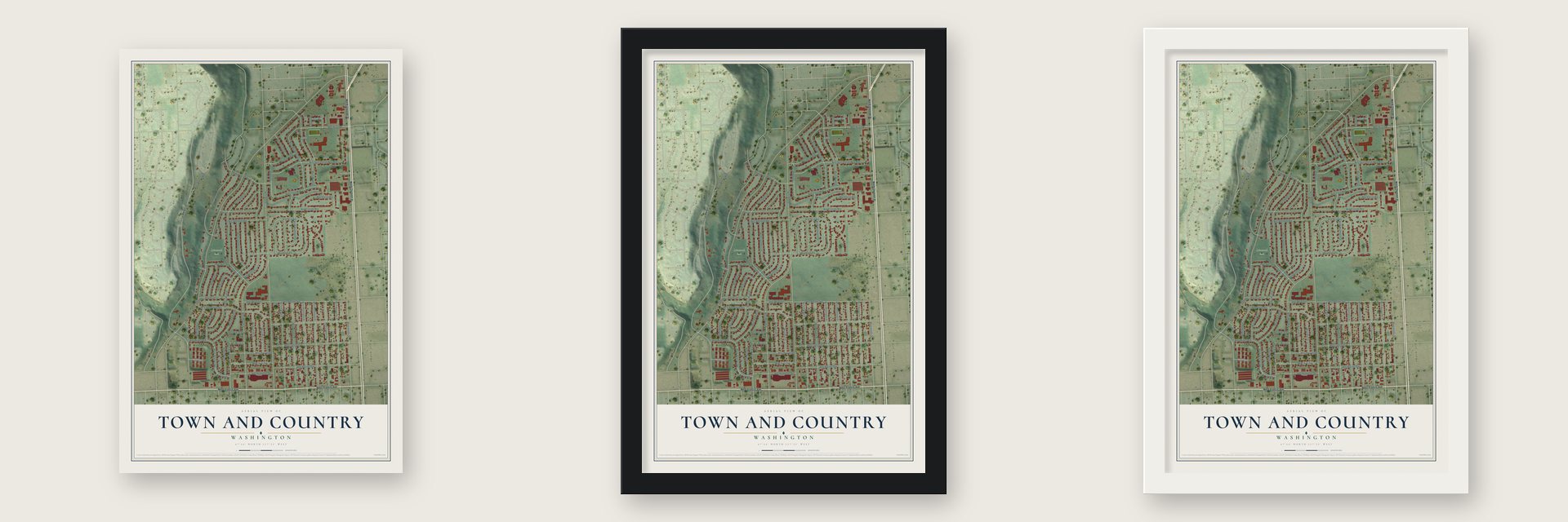Town and Country, Washington map unframed, in a black wood frame and in a white wood frame