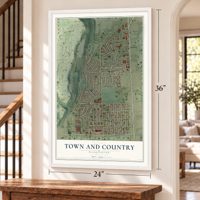 Town and Country, Washington map, 24 x 36 inch print in a white frame by a staircase
