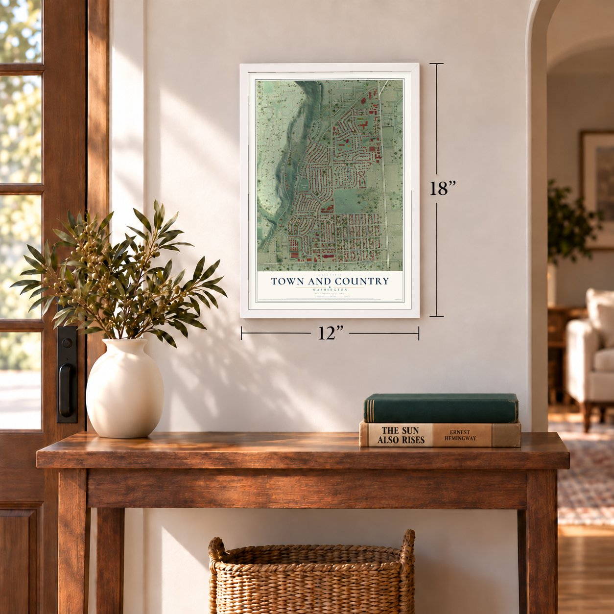 Town and Country, Washington map, 12 x 18 inch print in a white frame in an entryway