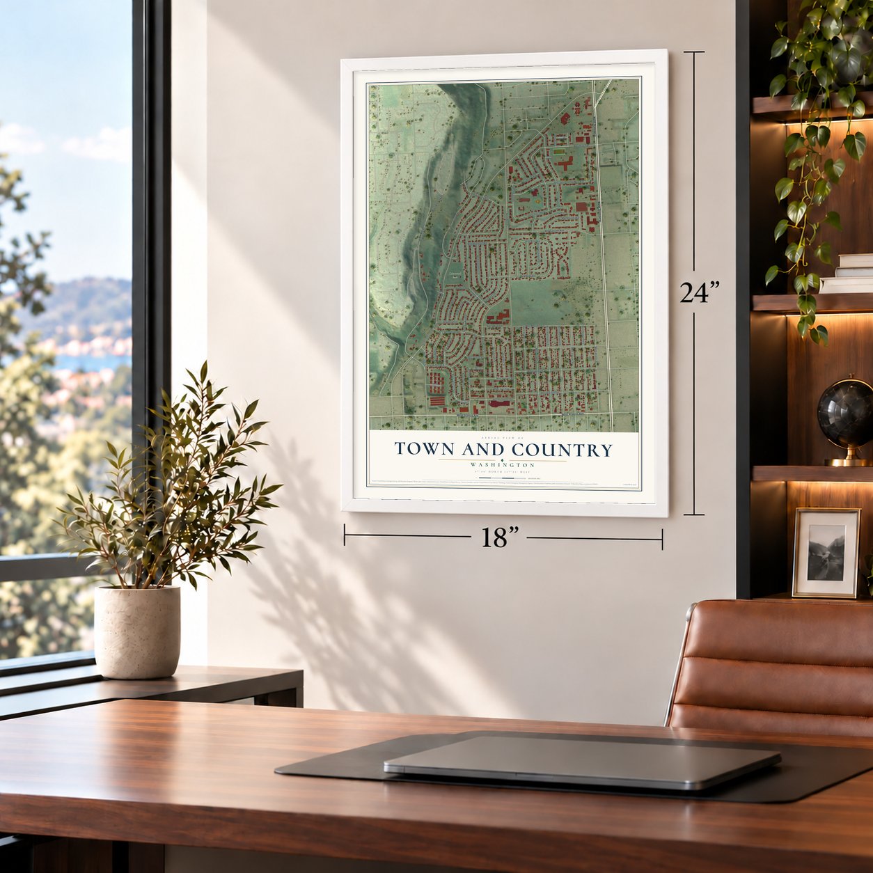 Town and Country, Washington map, 18 x 24 inch print in a white frame in a home office