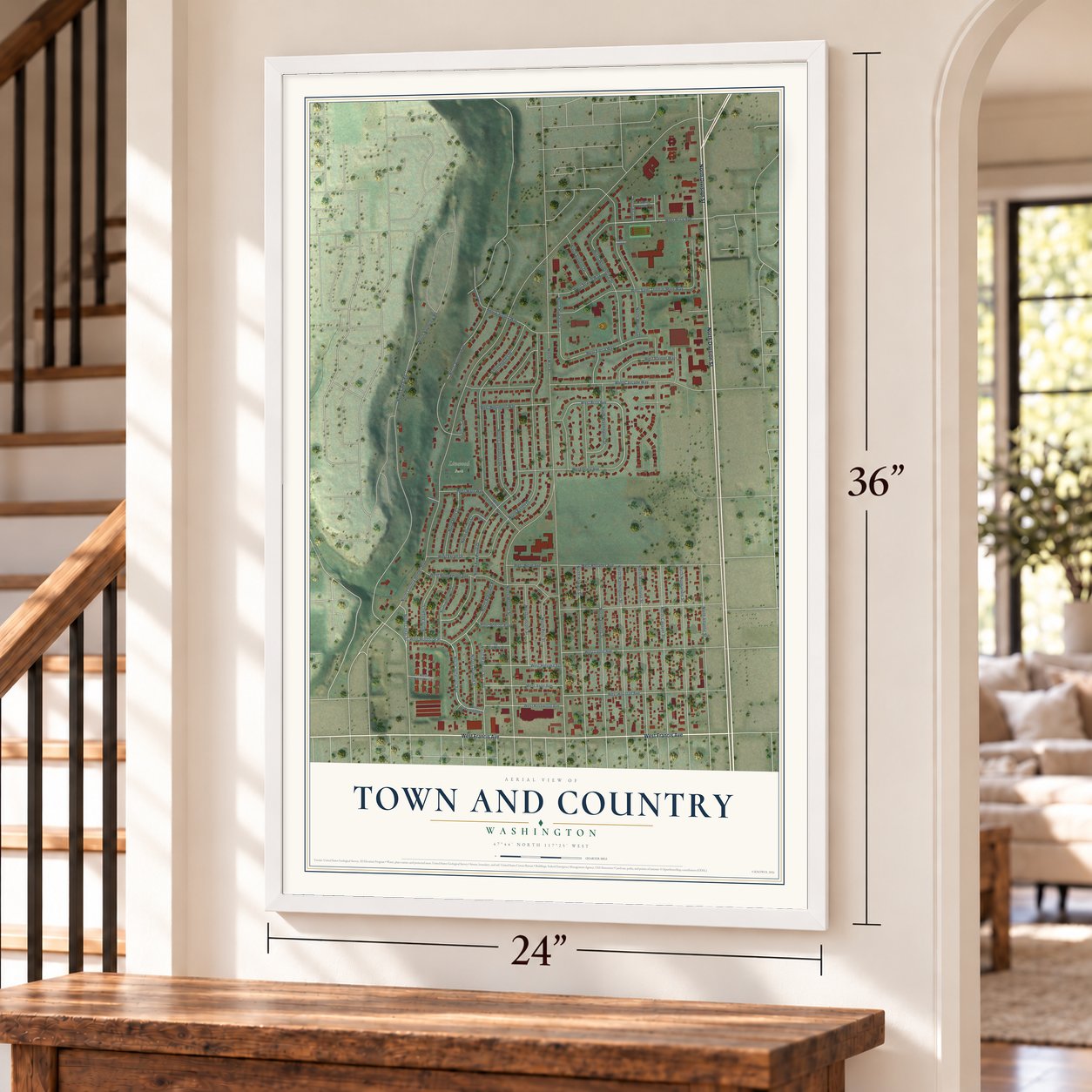 Town and Country, Washington map, 24 x 36 inch print in a white frame by a staircase
