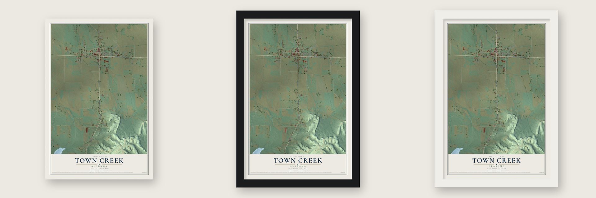 Town Creek, Alabama map unframed, in a black wood frame and in a white wood frame