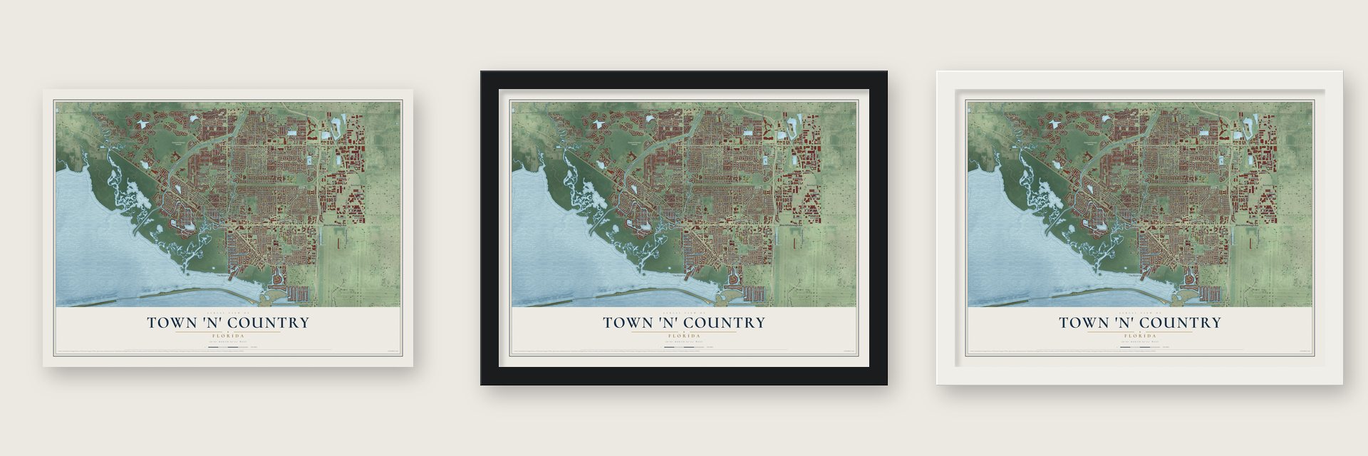 Town 'n' Country, Florida map unframed, in a black wood frame and in a white wood frame