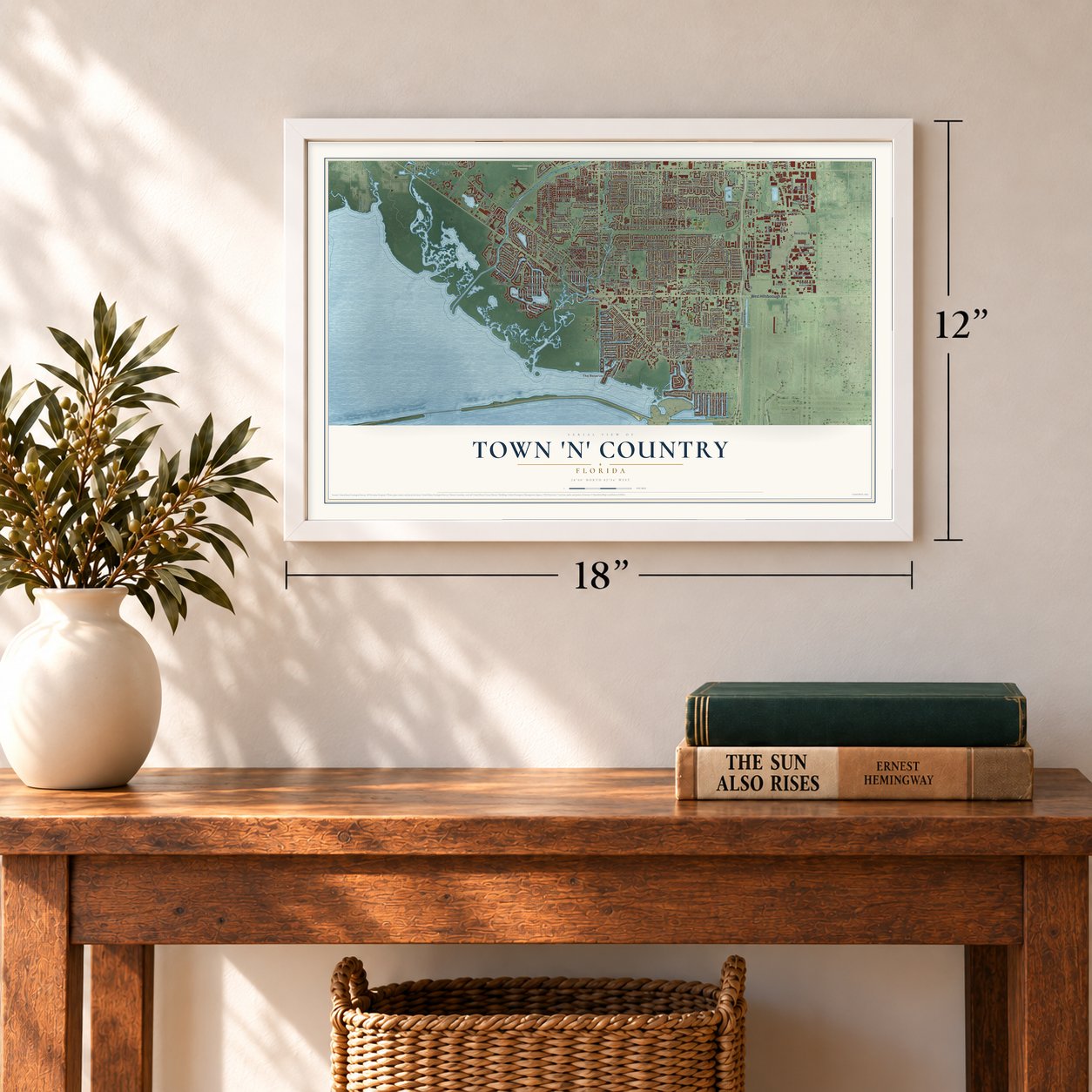 Town 'n' Country, Florida map, 12 x 18 inch print in a white frame in an entryway