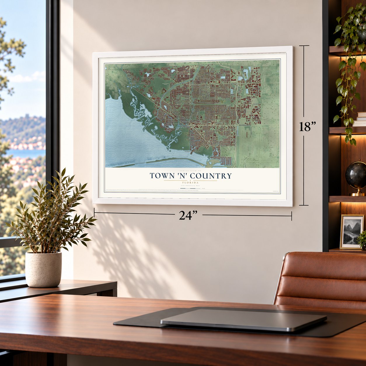 Town 'n' Country, Florida map, 18 x 24 inch print in a white frame in a home office