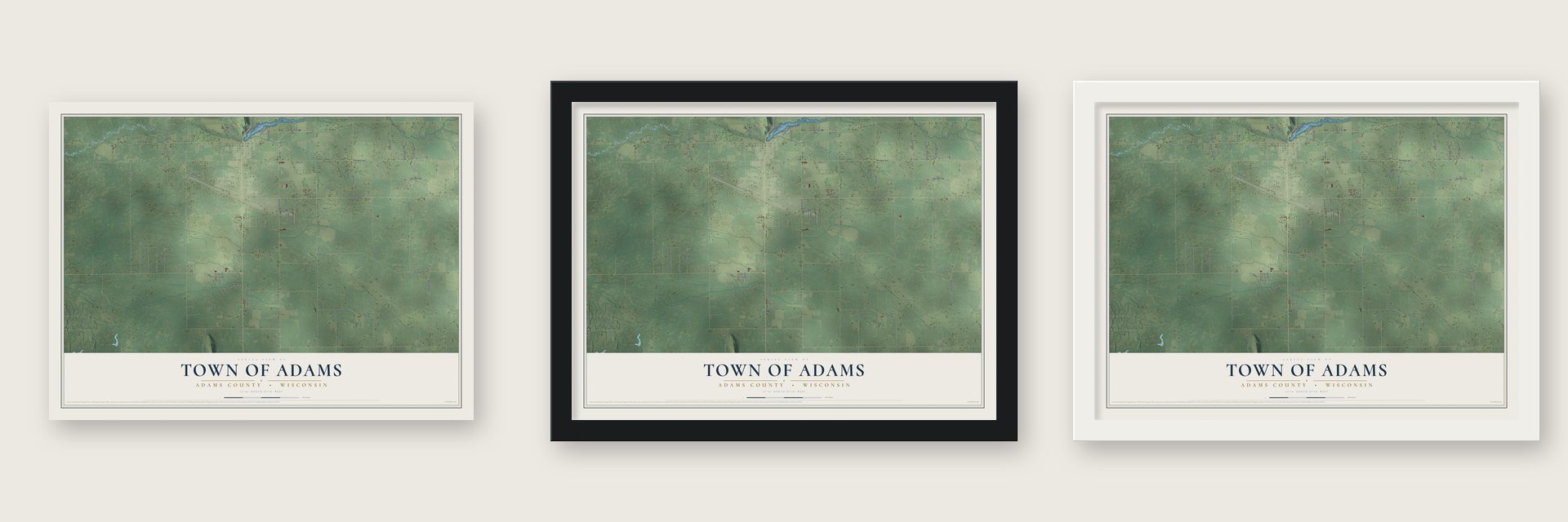 Town of Adams, Adams County, Wisconsin map unframed, in a black wood frame and in a white wood frame