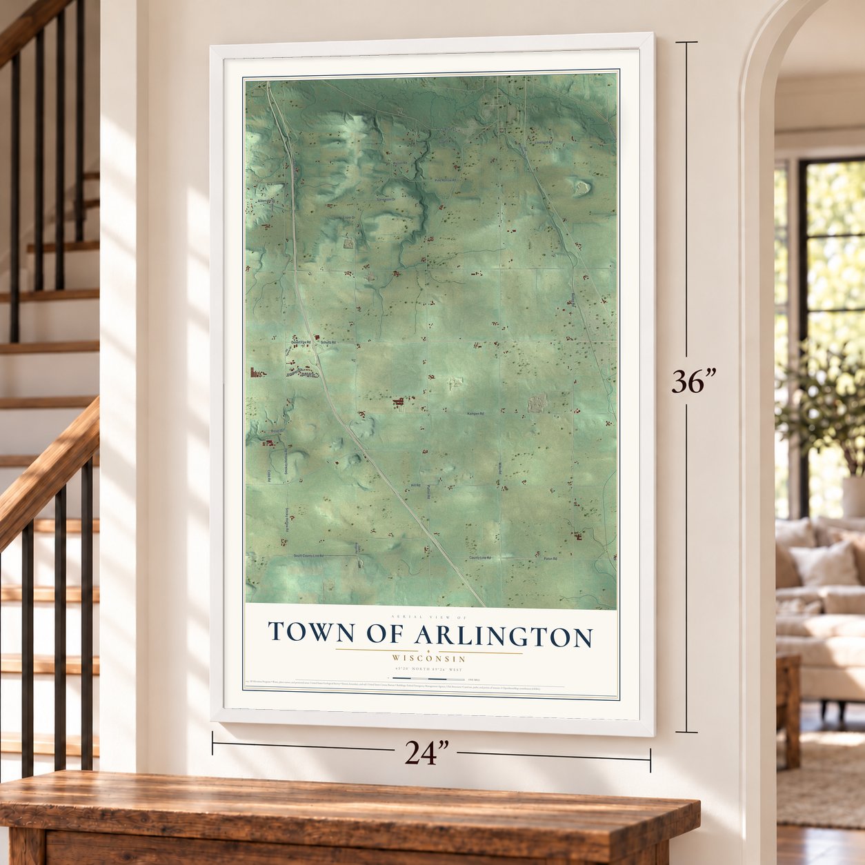 Town of Arlington, Wisconsin map, 24 x 36 inch print in a white frame by a staircase