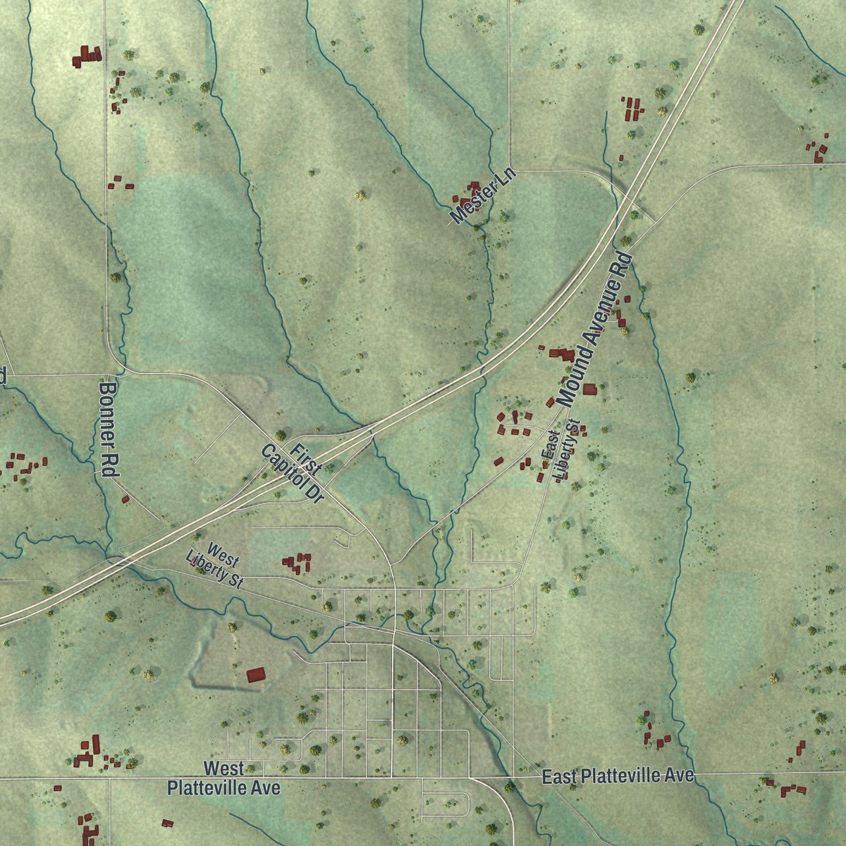 Second close-up of the map of the Town of Belmont, Lafayette County, Wisconsin print showing more streets and buildings
