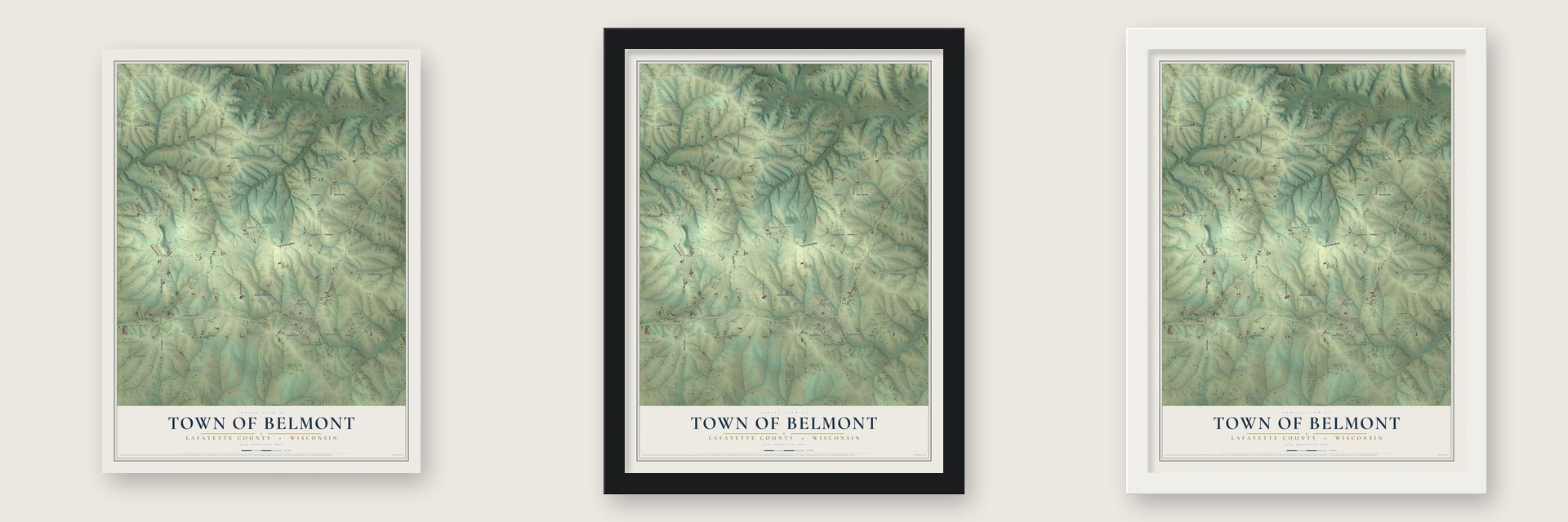 Town of Belmont, Lafayette County, Wisconsin map unframed, in a black wood frame and in a white wood frame