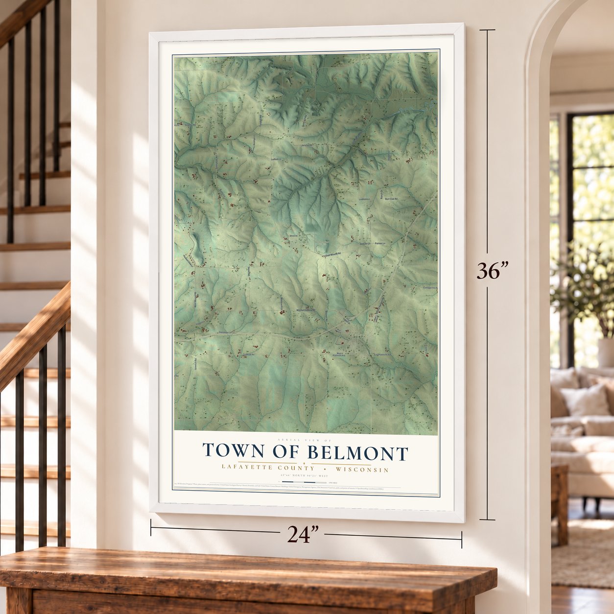 Town of Belmont, Lafayette County, Wisconsin map, 24 x 36 inch print in a white frame by a staircase