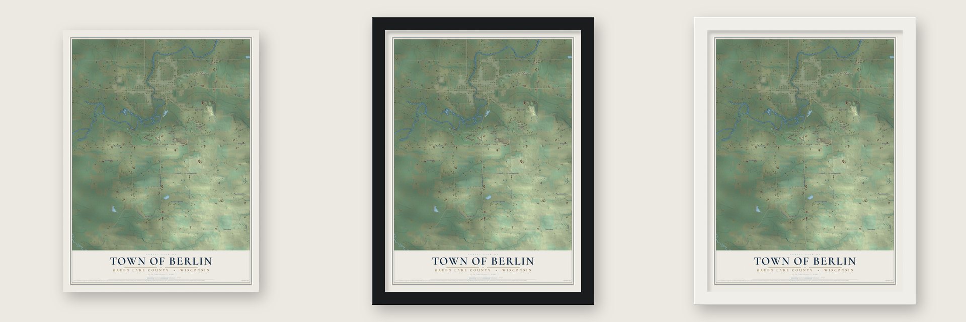 Town of Berlin, Green Lake County, Wisconsin map unframed, in a black wood frame and in a white wood frame