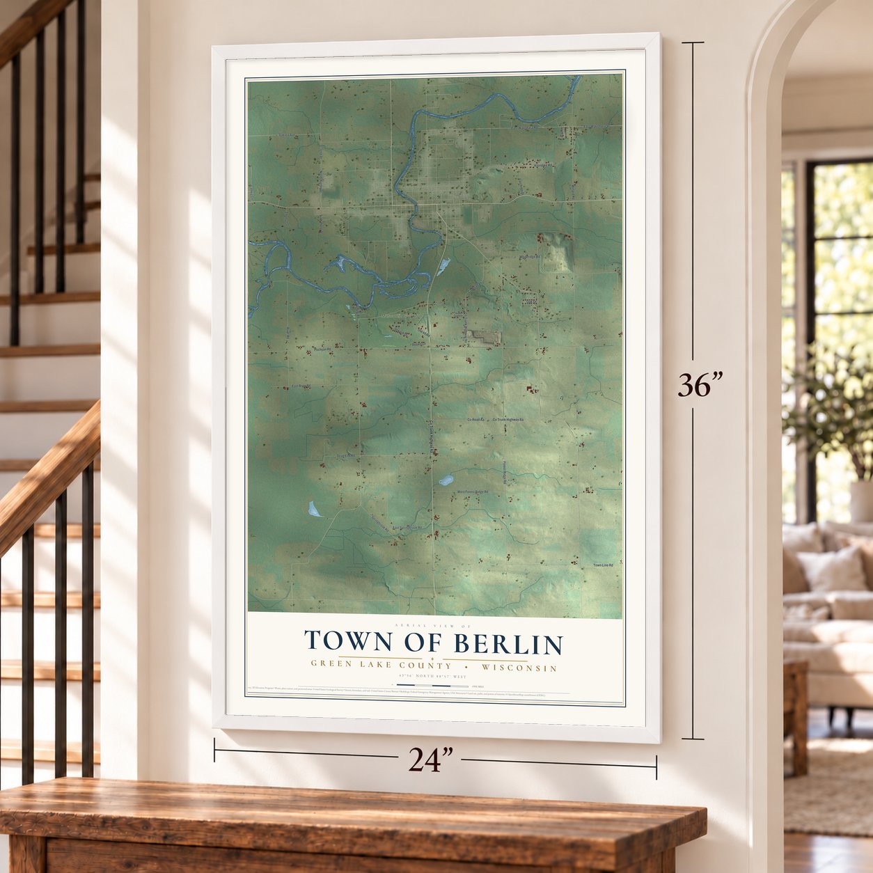 Town of Berlin, Green Lake County, Wisconsin map, 24 x 36 inch print in a white frame by a staircase
