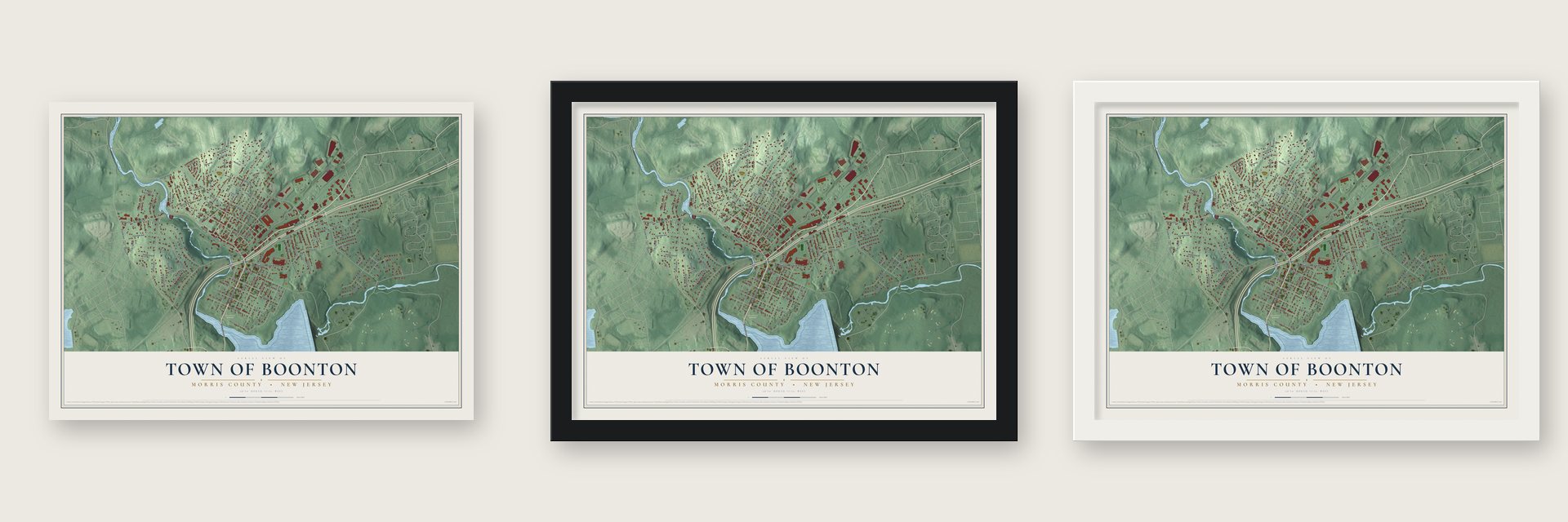 Town of Boonton, Morris County, New Jersey map unframed, in a black wood frame and in a white wood frame