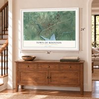 Town of Boonton, Morris County, New Jersey map, 24 x 36 inch print in a white frame above a dresser by a staircase