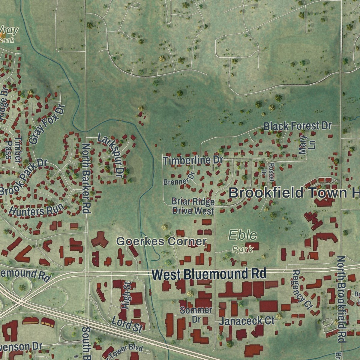 Second close-up of the map of the Town of Brookfield, Wisconsin print showing more streets and buildings