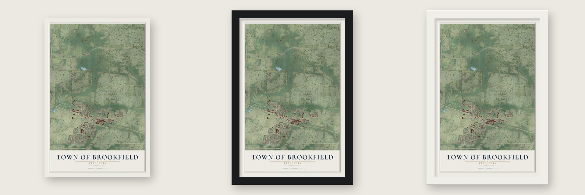 Town of Brookfield, Wisconsin map unframed, in a black wood frame and in a white wood frame