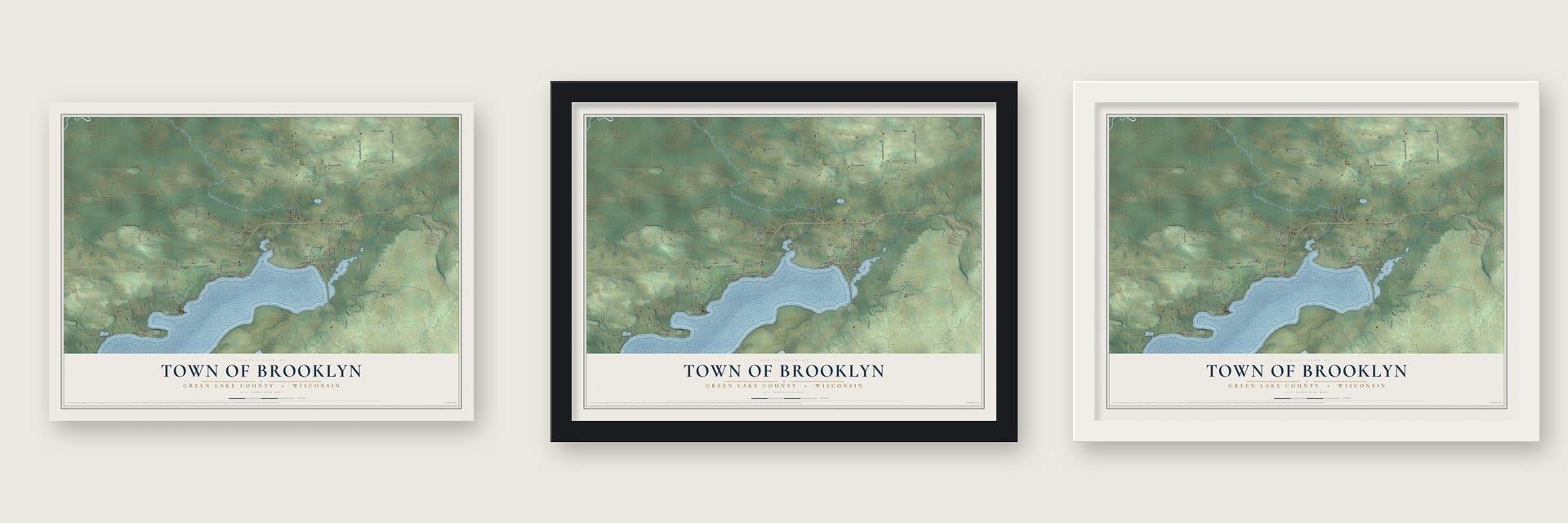 Town of Brooklyn, Green Lake County, Wisconsin map unframed, in a black wood frame and in a white wood frame
