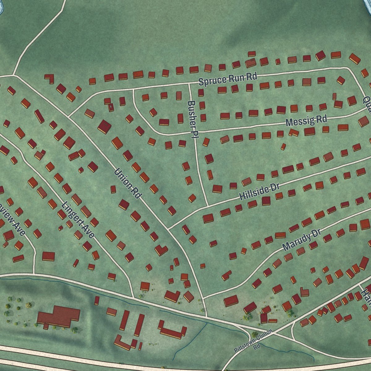 Second close-up of the map of the Town of Clinton, Hunterdon County, New Jersey print showing more streets and buildings