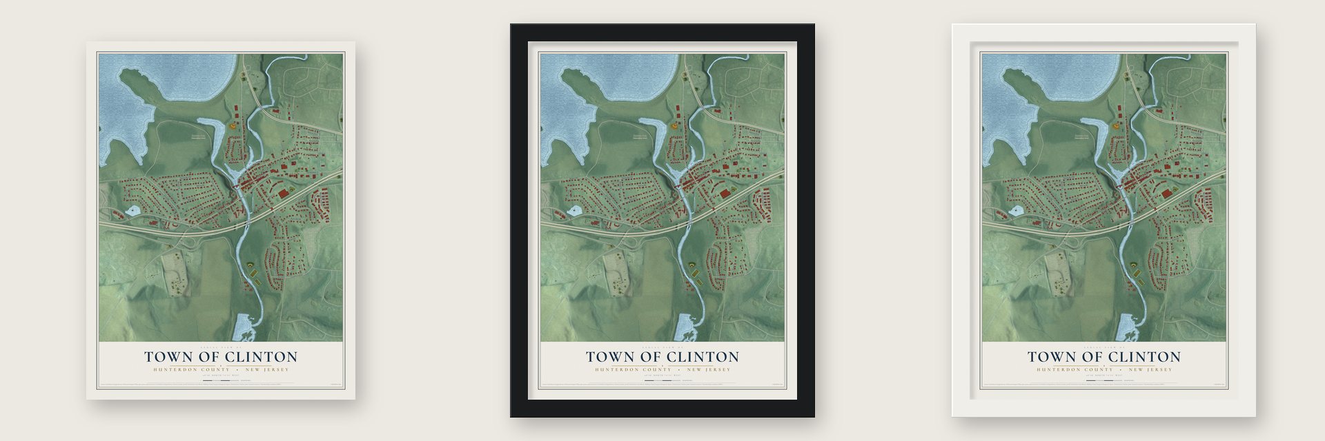 Town of Clinton, Hunterdon County, New Jersey map unframed, in a black wood frame and in a white wood frame