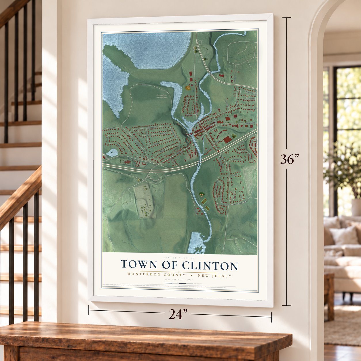 Town of Clinton, Hunterdon County, New Jersey map, 24 x 36 inch print in a white frame by a staircase