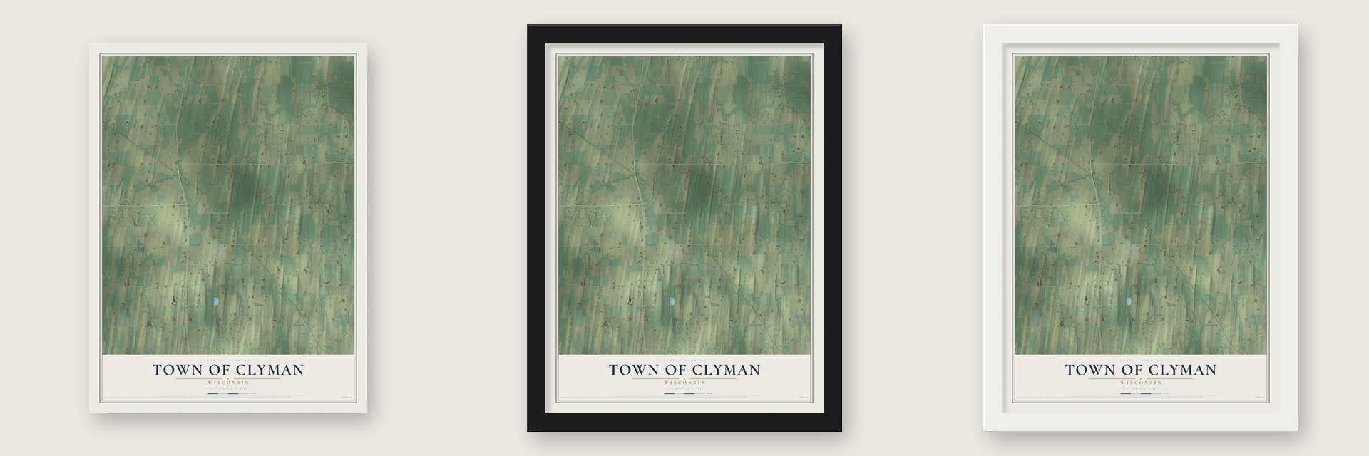 Town of Clyman, Wisconsin map unframed, in a black wood frame and in a white wood frame
