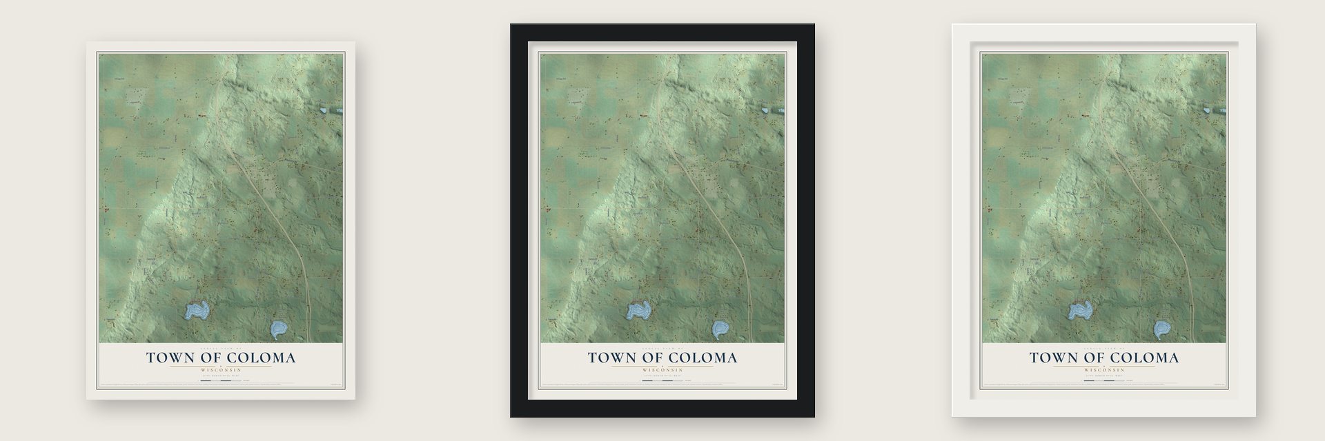 Town of Coloma, Wisconsin map unframed, in a black wood frame and in a white wood frame