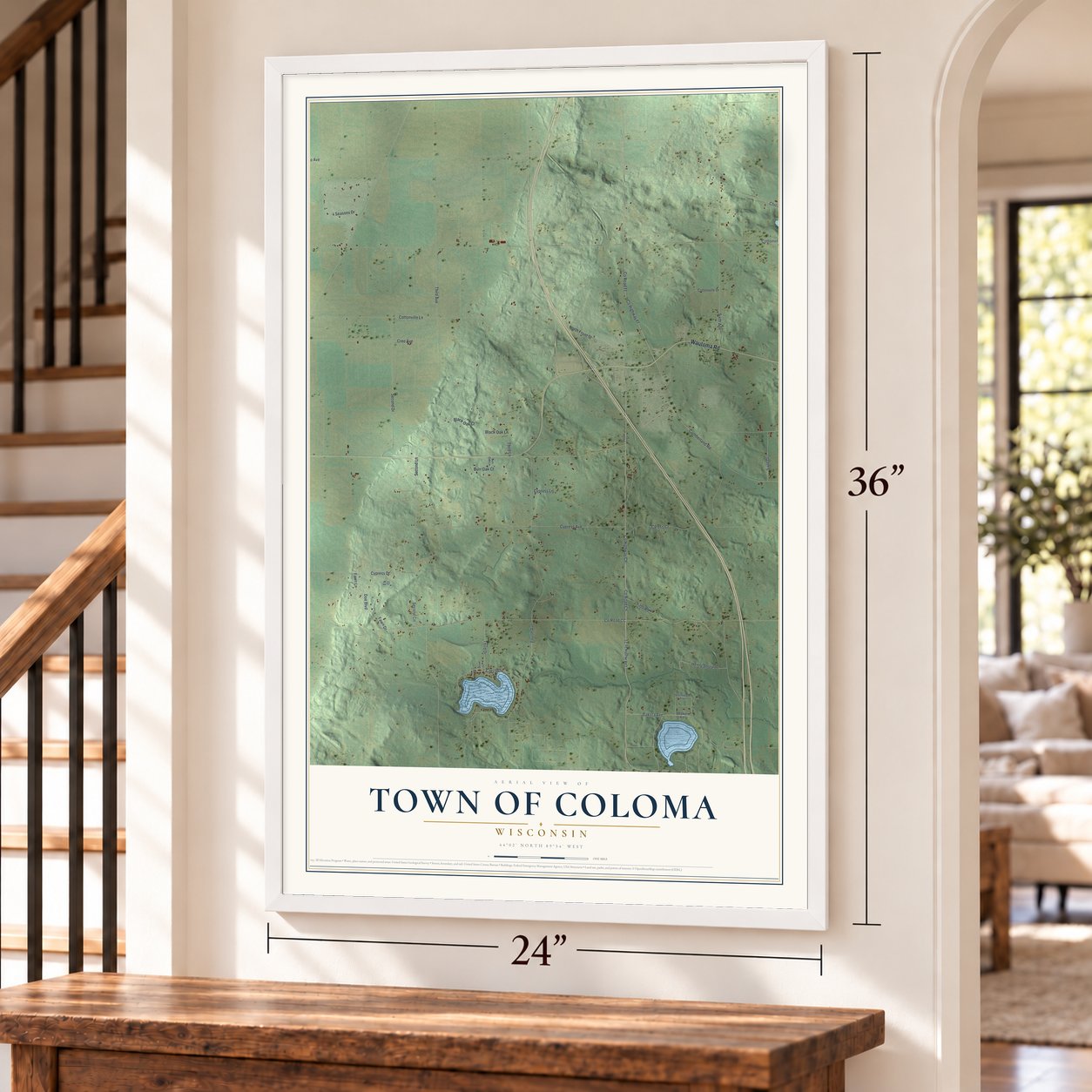 Town of Coloma, Wisconsin map, 24 x 36 inch print in a white frame by a staircase
